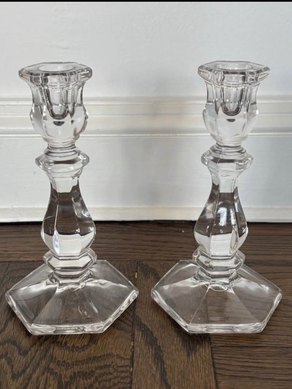 Pair of Vintage Clear Glass Classic Candlesticks - Faceted/ Octagonal Base 7.5"